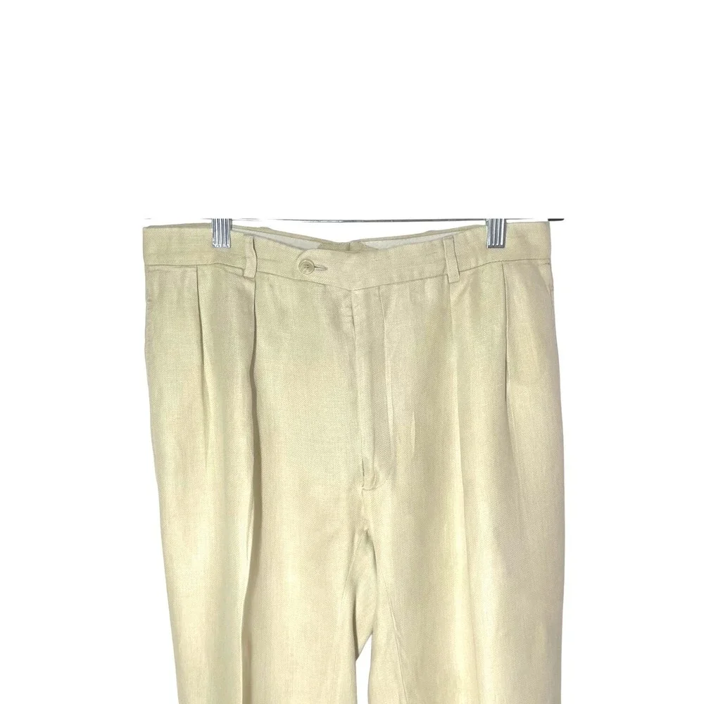 Harold Powell Mens 33x28 Beige 100% Linen Herringbone Pleated Cuffed Pants Italy